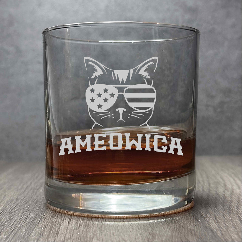 AMEOWICA - America Patriotic Cat - Engraved Funny 11 oz Cocktail Glass