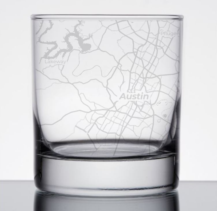 Image for engraved Austin, Texas Map Glass - 11oz Rocks Glass at QualityEngraved.com