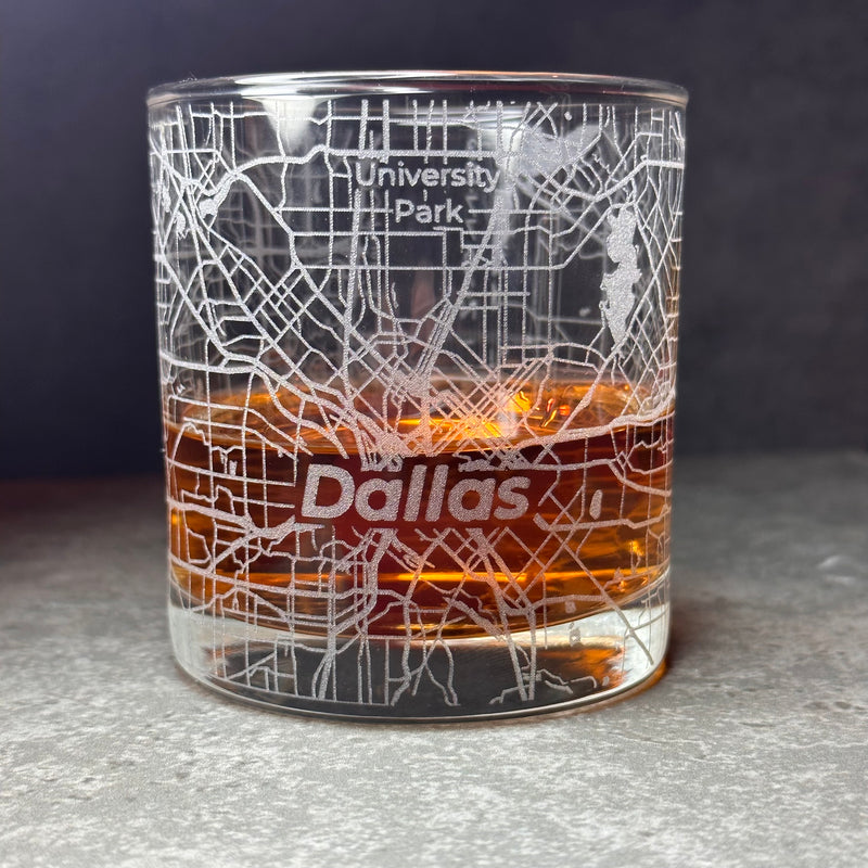 Image for engraved Dallas, Texas City Map Glass - 11oz Rocks Glass at QualityEngraved.com