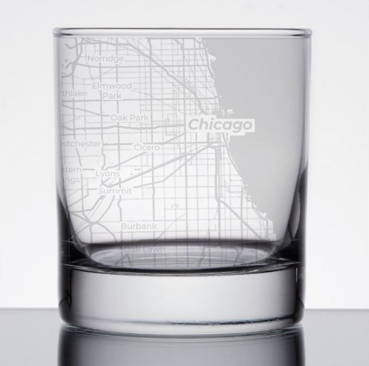 Image for engraved Chicago, Illinois City Map Glass - 11oz Rocks Glass at QualityEngraved.com