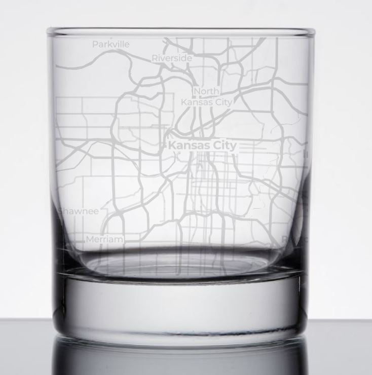 Image for engraved Kansas, Missouri City Map Glass - 11oz Rocks Glass at QualityEngraved.com
