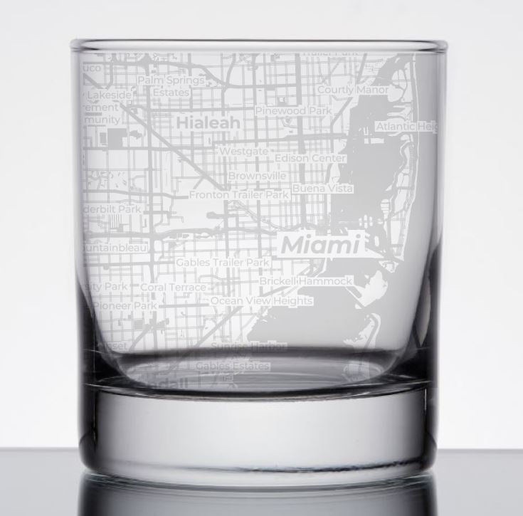 Image for engraved Miami, Florida City Map Glass - 11oz Rocks Glass at QualityEngraved.com