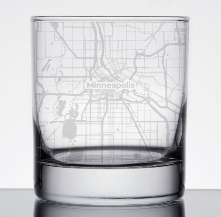 Image for engraved Minneapolis, Minnesota City Map Glass - 11oz Rocks Glass at QualityEngraved.com