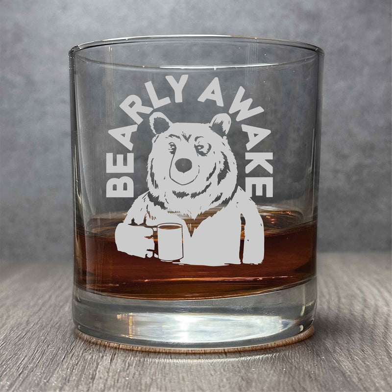 Bearly Awake - Mama Bear or Papa Bear with Coffee - Engraved Funny 11 oz Cocktail Glass