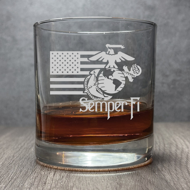 Image for engraved Engraved Semper Fi USMC American Flag - 11oz Rocks Glass at QualityEngraved.com