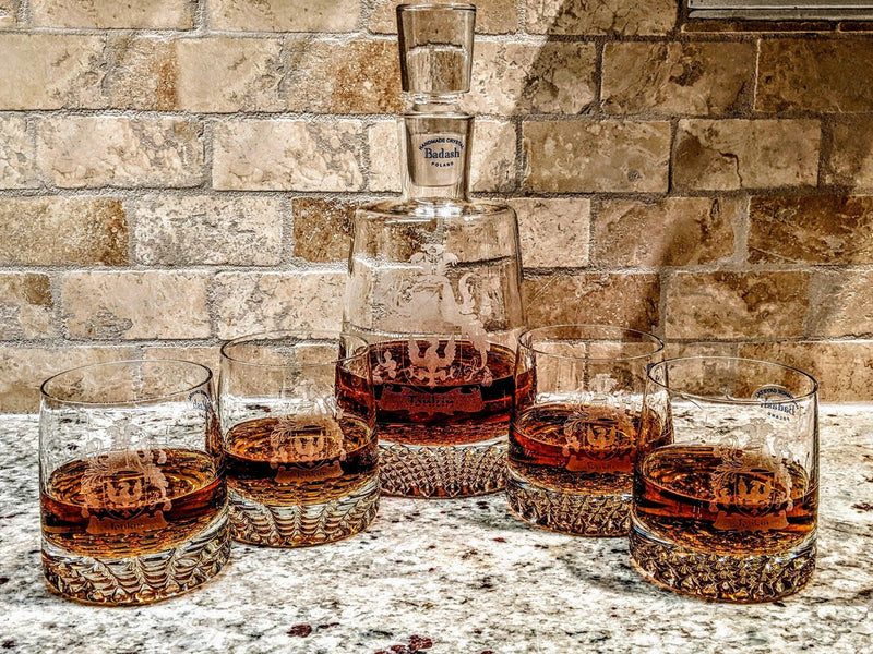 5 Piece Engraved Park Avenue Whiskey, Bourbon or Scotch Decanter Personalized Set engraved  Quality Glass Engraving 